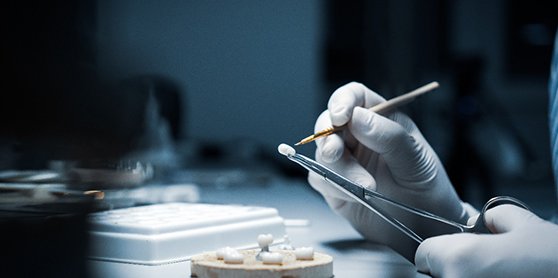 A lab worker crafting dental crowns for a patient